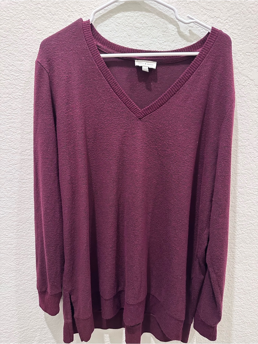 Lucky Brand Womens Burgundy V-Neck Long Sleeve Knit Sweater XL Wine Red